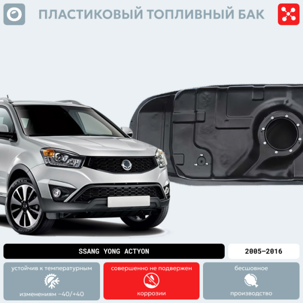 Пластиковый топливный бак SsangYong Actyon, 2005-2016 г.в. (дизель) (BP) - 75 л.